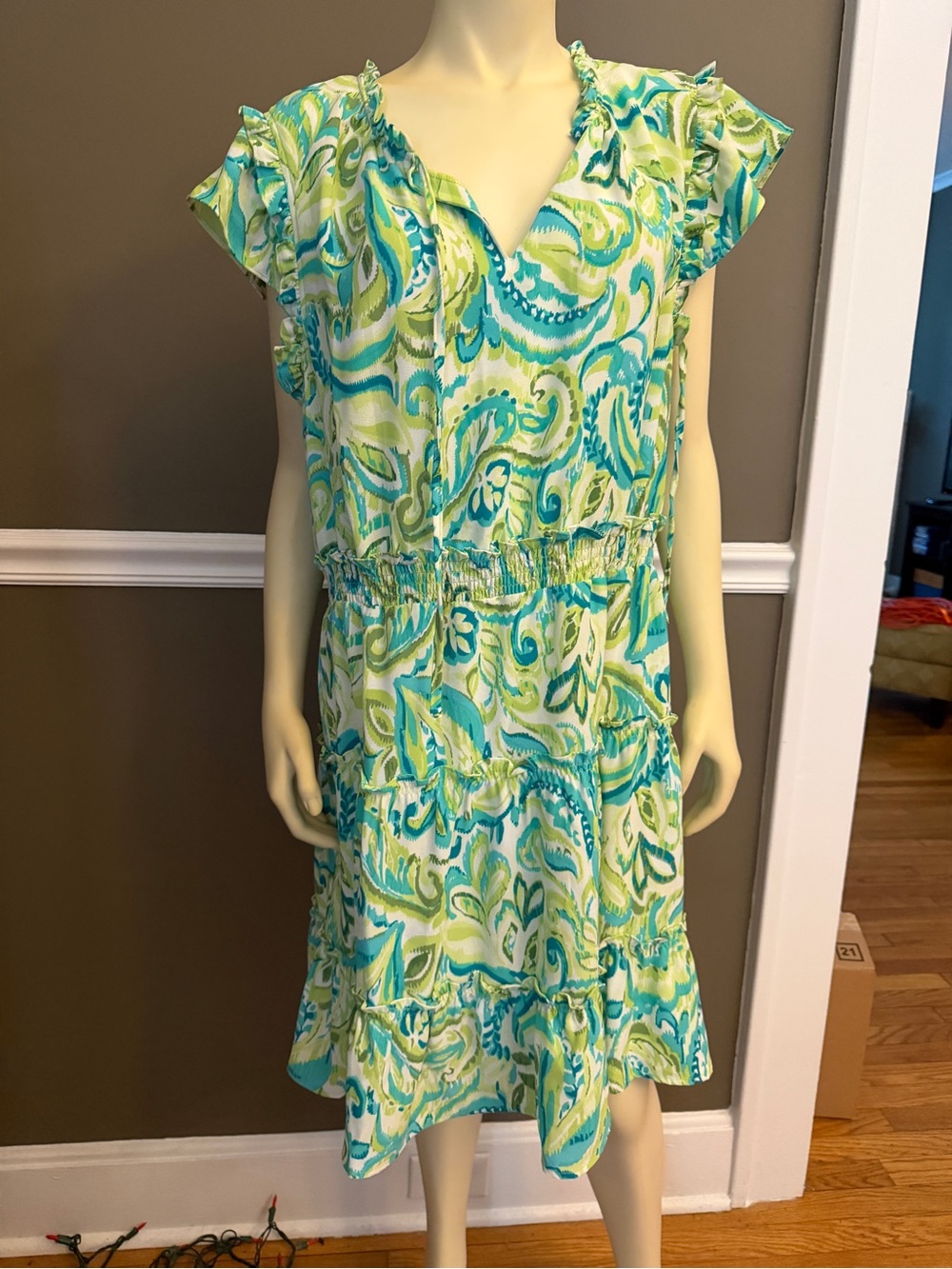 Ninety Green & Teal Ruffle-Sleeve Midi Dress